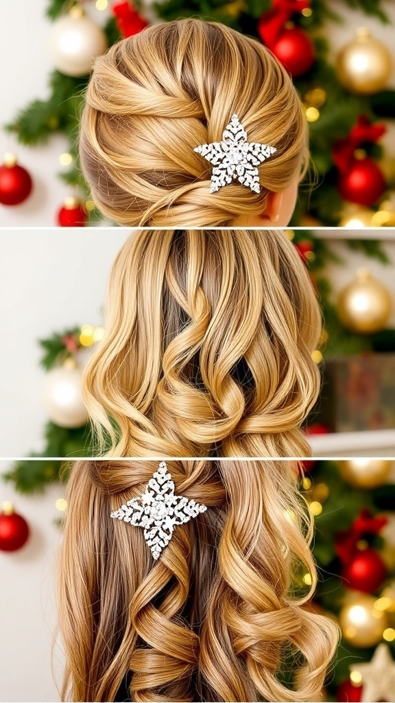 Festive Christmas Hairstyles with Hair Clips Collage of Christmas hairstyles with hair clips: twisted updo, loose waves, and half-up half-down style.